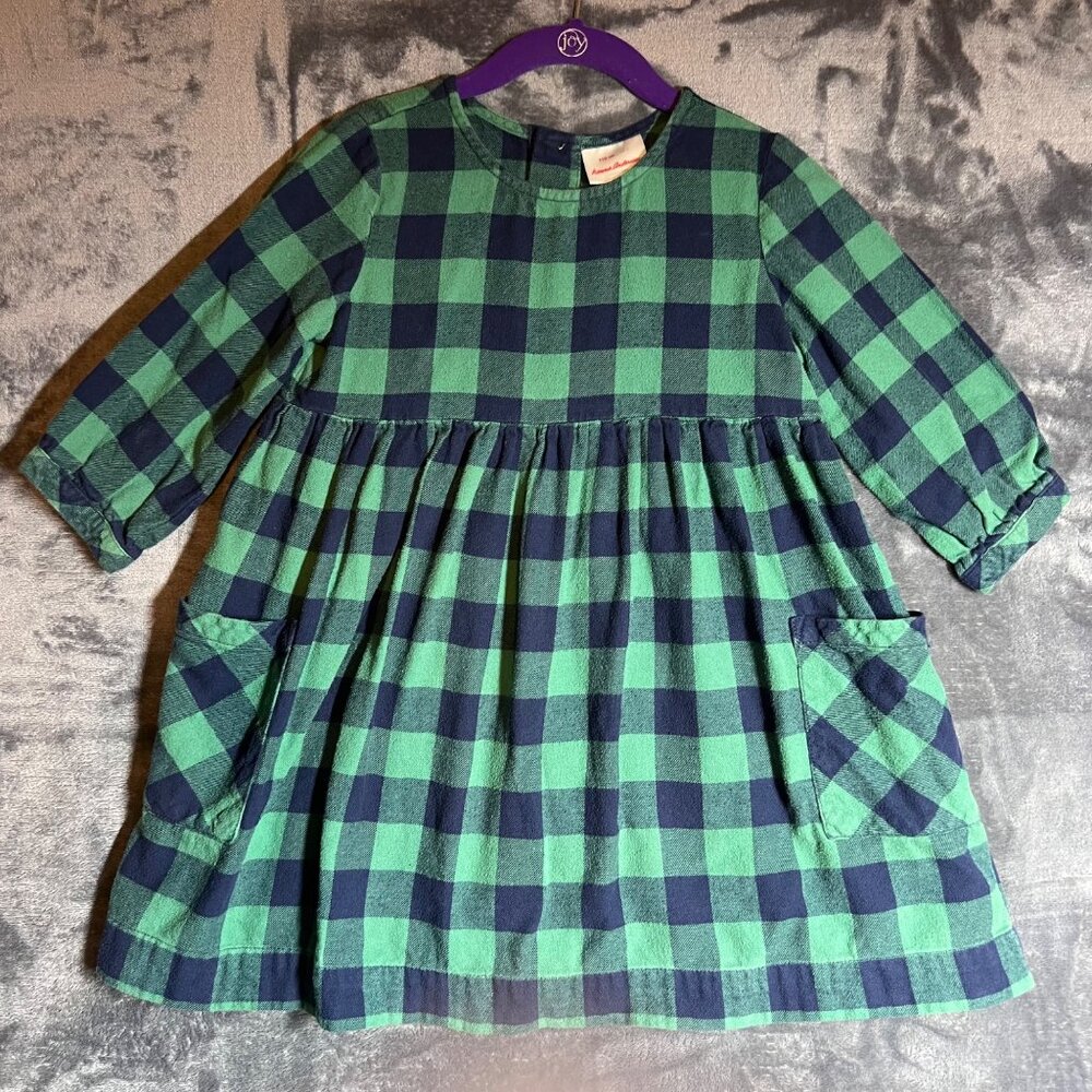 Hanna Anderson Green & Blue Plaid Flannel Pocket Dress Pleated Upper Button Up B